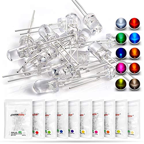 CHANZON 100pcs 5mm LED Diode Lights Assortment 10 Colors x 10pcs Diodes Clear Transparent Lens Emitting Lighting Bulb Lamp Assorted Kit Variety Color White Red Yellow Green Blue Orange UV Pink