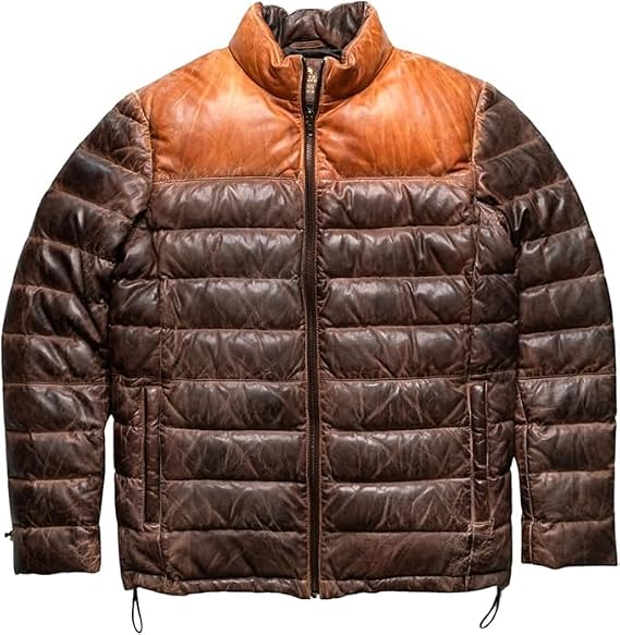 Zulin Men's Puffer Genuine Sheepskin Leather Jacket, Two Tone Puffer Down Leather Winter Jacket | Puffer Bomber Jacket