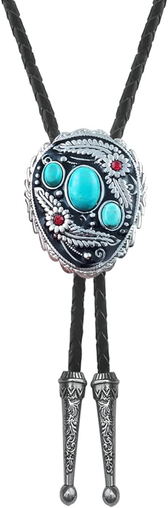 Vintage Native American Western Cowboy Blue Natural Turquoise Stone Bolo Tie Hand-woven Leather Bola Tie Necktie for Men