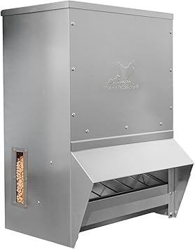 RentACoop Metal Trough Feeder with Lid & Rain Cover Galvanized Steel, Gravity-Fed Side View Window Moveable Grate for Easy Cleaning Suitable for Chickens, Ducks, Poultry & More 50lb Capacity