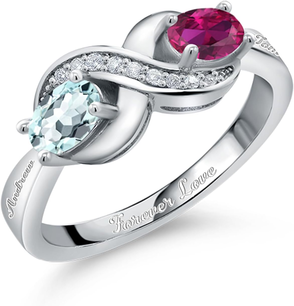 Gem Stone King Personalized Customized Engraved 2-Stone Ring For Women | 925 Sterling Silver | Gemstone Birthstone and White Created Sapphire Infinity Forever Love Knot Ring For Women