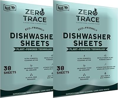 Zero Trace Dishwasher Detergent Eco-Friendly Sheets for Dish Washing - Plant Powered Technology - Plastic Free Biodegradable- 38 Count- Pack of 2 (76 Total Sheets)