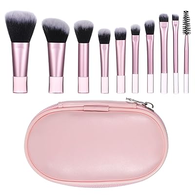 10 Pcs Mini Makeup Brushes Travel Makeup Brush Set Pink Portable Full Complete Function Cosmetic Kit with Pouch Short Makeups Brush Small Travel Essentials for Women Girls Foundation Eyeshadow Blush