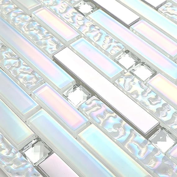 Hominter Modern Iridescent Glass Metal Mosaic Tile Backsplash for Kitchen & Bathroom, White Silver Linear Wall Tiles for Shower, Fireplace & Accent Wall, 5 Square Feet